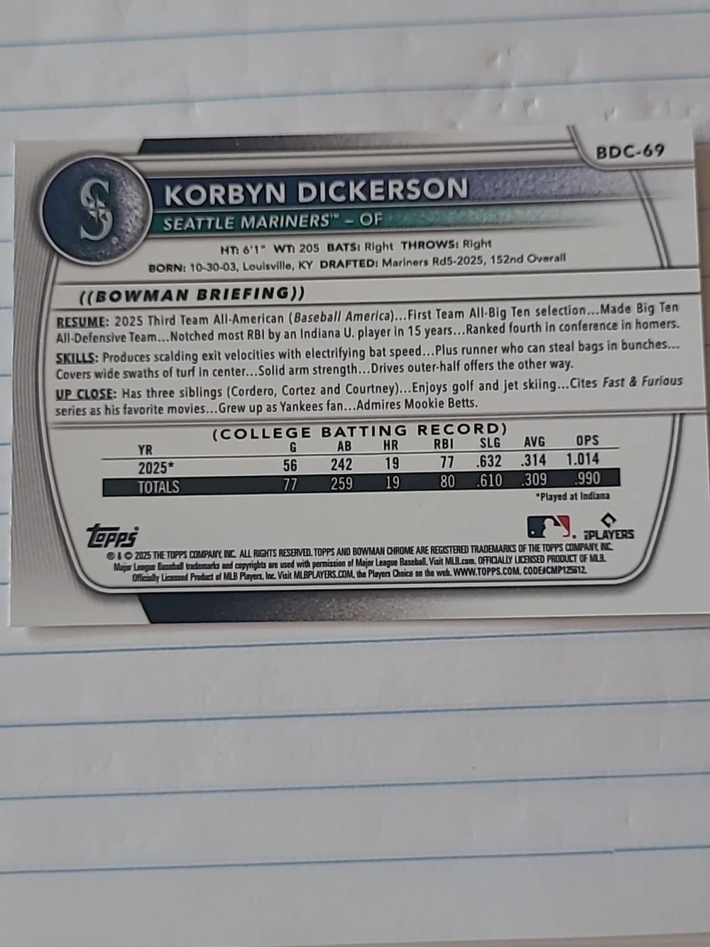 Korbyn Dickerson Seattle Mariners Baseball Card - 2025 Bowman Draft Chrome - Picture 2 of 2